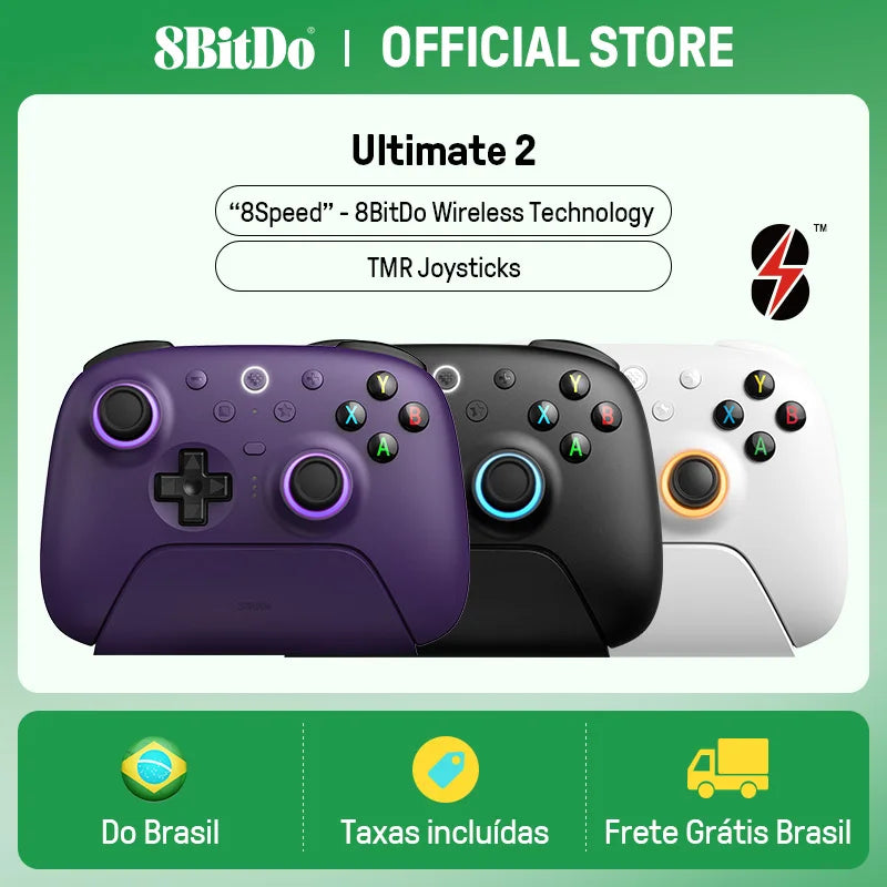 Controlador de jogos sem fio 8BitDo Ultimate 2 para PC e Android com joysticks TMR, gatilhos comutáveis, controle de movimento, 8 velocidades