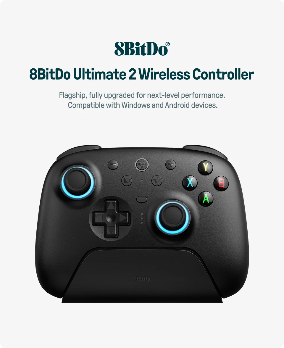 Controlador de jogos sem fio 8BitDo Ultimate 2 para PC e Android com joysticks TMR, gatilhos comutáveis, controle de movimento, 8 velocidades